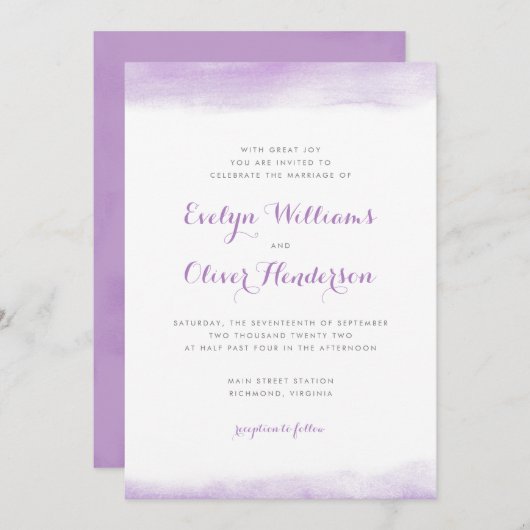 Lilac Watercolor Dip Wedding Einladung (Vorne/Hinten)