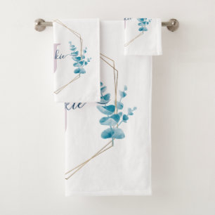 Lilac Watercolor Eucalyptus Frame Mit Monogramm Badhandtuch Set