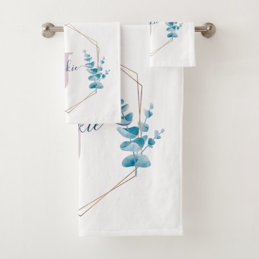 Lilac Watercolor Eucalyptus Frame Mit Monogramm Badhandtuch Set (Insitu)