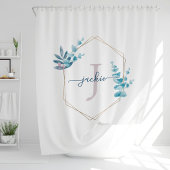 Lilac Watercolor Eucalyptus Frame Monogramm Duschvorhang