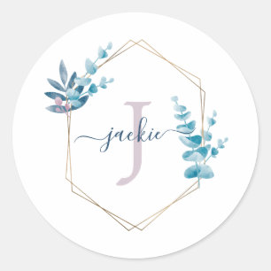 Lilac Watercolor Eucalyptus Frame Monogramm Runder Aufkleber