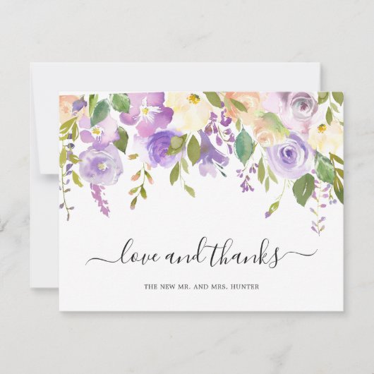Lilac Watercolor Floral Elegante Hochzeit Dankeskarte (Vorderseite)