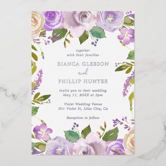 Lilac Watercolor Floral Elegante Hochzeit Folieneinladung (Vorderseite)
