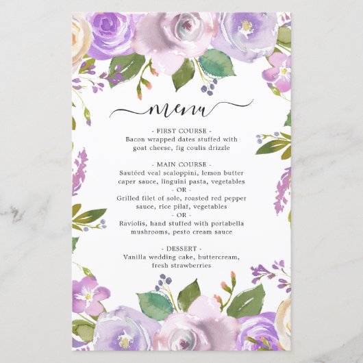 Lilac Watercolor Floral Elegantes Hochzeitmenü (Vorderseite)