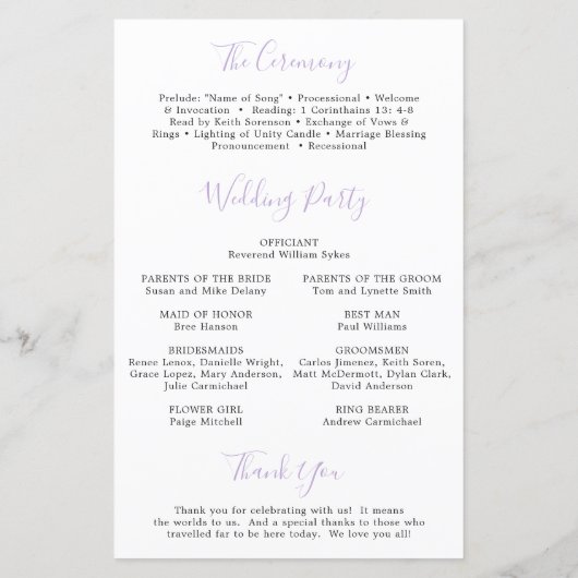 Lilac Watercolor Floral Elegantes Hochzeitsprogram (Rückseite)