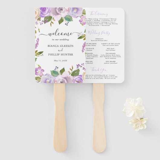 Lilac Watercolor Floral Elegantes Hochzeitsprogram Fächer (Vorne und Hinten)
