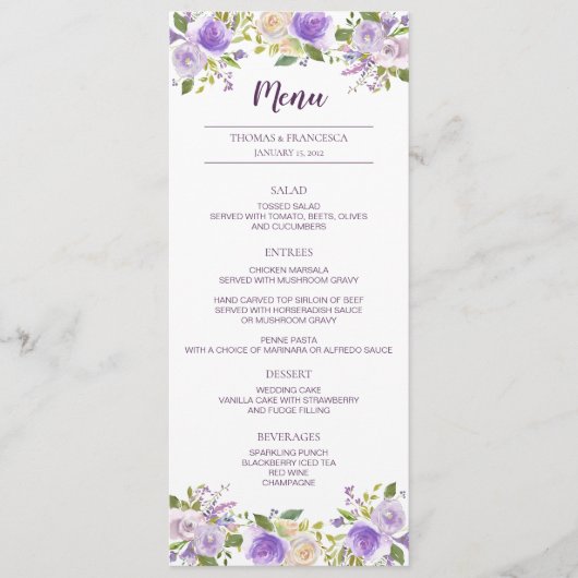 Lilac Watercolor Floral Wedding Menu Card Menükarte (Vorderseite)