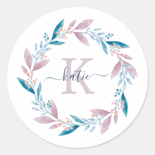 Lilac Watercolor Floral Wreath Monogramm Runder Aufkleber (Vorderseite)