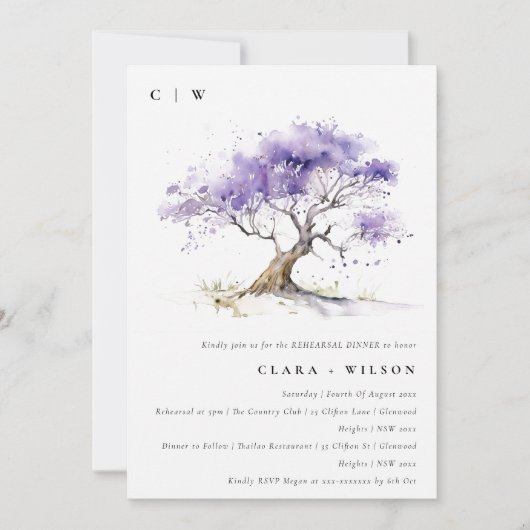 Lilac Watercolor Jacaranda Tree Probe Abendessen Einladung (Vorderseite)