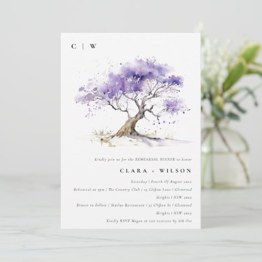 Lilac Watercolor Jacaranda Tree Probe Abendessen Einladung (Stehend Vorderseite)