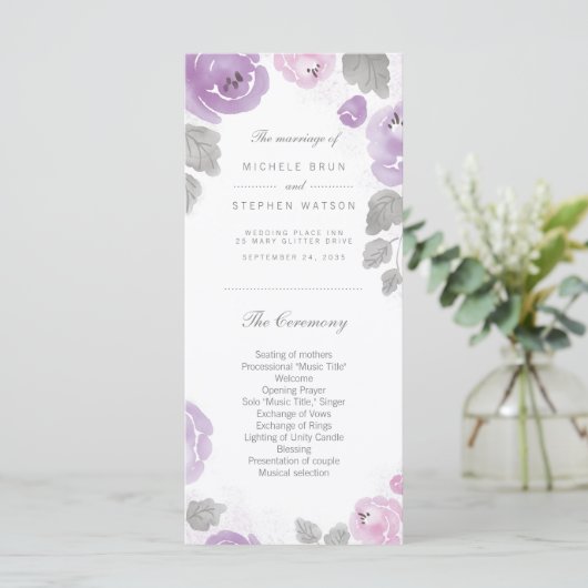 Lilac Watercolor Rose Hochzeitsprogramm Rackkarten Programm (Stehend Vorderseite)