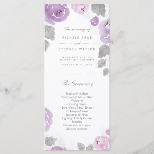 Lilac Watercolor Rose Hochzeitsprogramm Rackkarten Programm (Vorderseite)