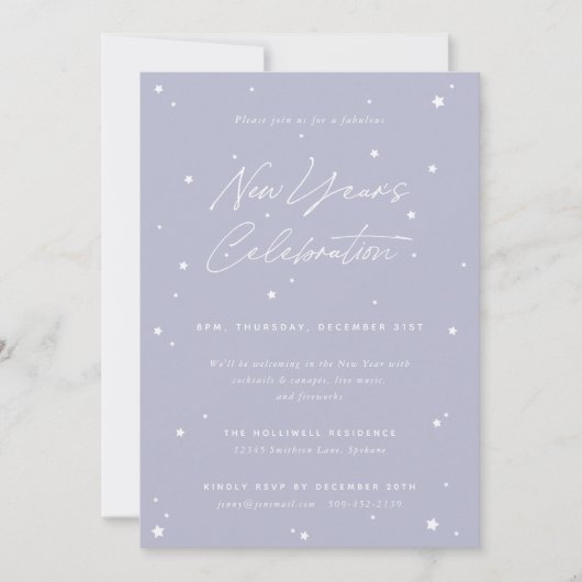Lilac+White Script Scattered Stars New Year Party Einladung (Vorderseite)