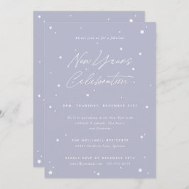 Lilac+White Script Scattered Stars New Year Party Einladung