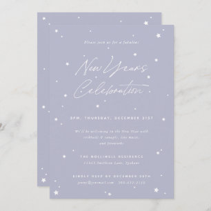 Lilac+White Script Scattered Stars New Year Party Einladung
