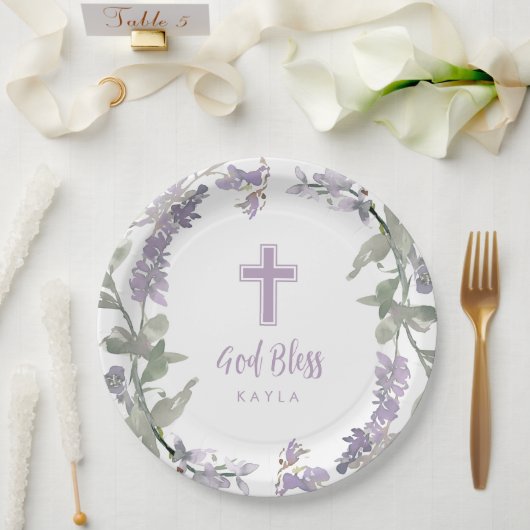 Lilac Wild Blume Wreath & Cross Taufe Gott segne Pappteller (Hochzeit)