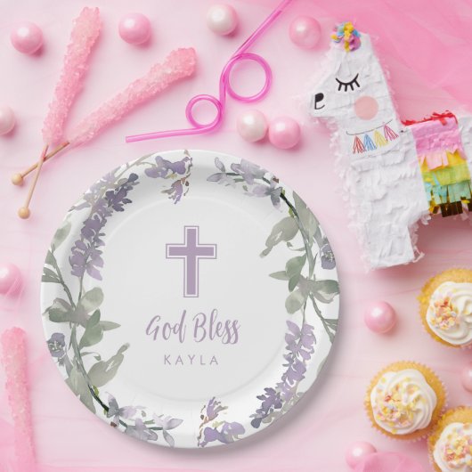 Lilac Wild Blume Wreath & Cross Taufe Gott segne Pappteller (Party)