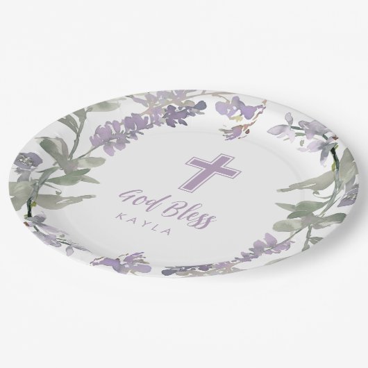 Lilac Wild Blume Wreath & Cross Taufe Gott segne Pappteller (Schrägansicht)