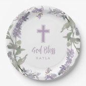 Lilac Wild Blume Wreath & Cross Taufe Gott segne Pappteller (Vorderseite)