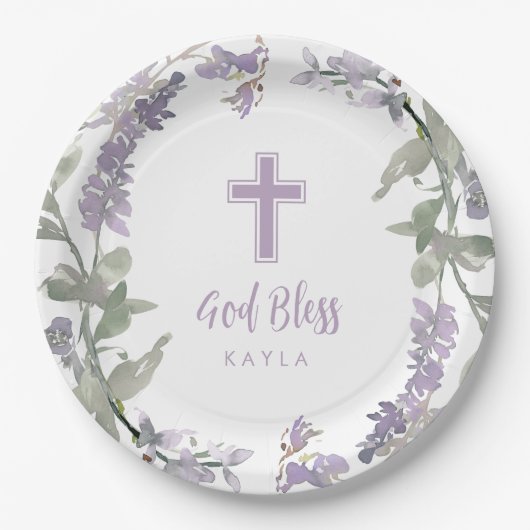 Lilac Wild Blume Wreath & Cross Taufe Gott segne Pappteller (Vorderseite)