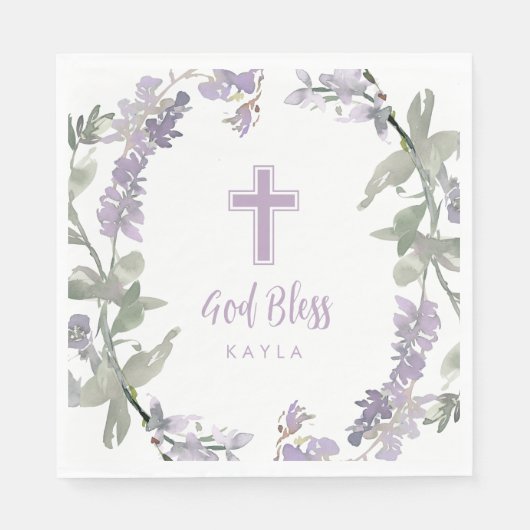 Lilac Wild Blume Wreath & Cross Taufe Gott segne Serviette (Vorderseite)