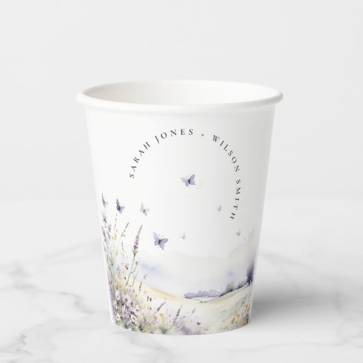Lilac Wildblume Butterfly Field Landscape Wedding Pappbecher (Vorderseite)