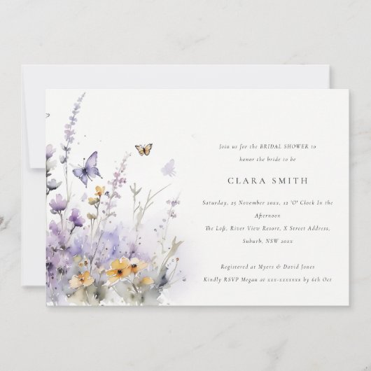 Lilac Wildblume Butterfly Garden Brautparty Einladung (Vorderseite)