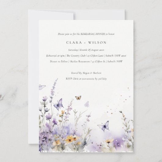 Lilac Wildblume Butterfly Garden Probe Abendessen Einladung (Vorderseite)