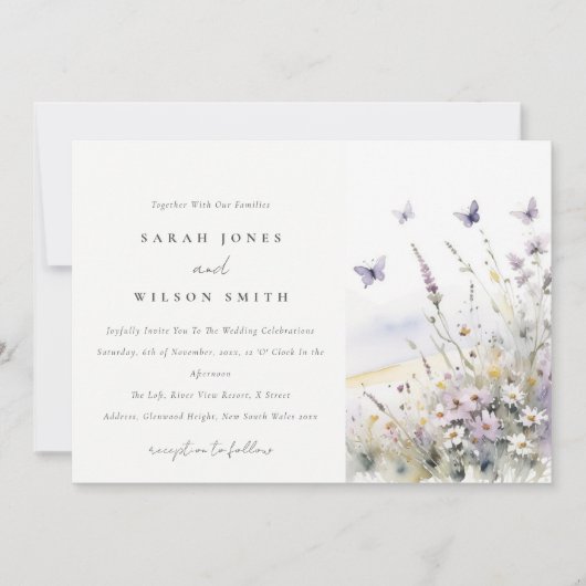 Lilac Wildblume Field Butterfly Landschaft Hochzei Einladung (Vorderseite)