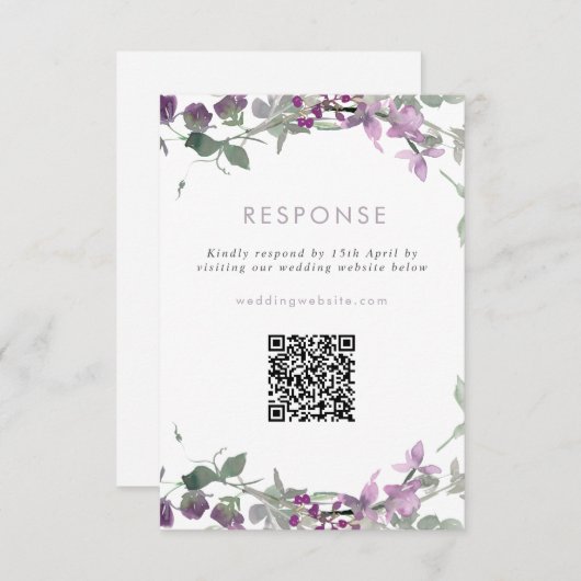 Lilac-Wildblumen Hochzeitsseite QR-Code RSVP Karte (Vorne/Hinten)