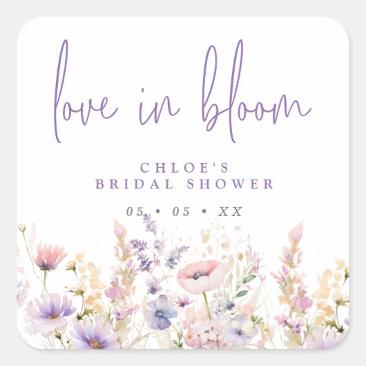 Lilac Wildblumen Liebe im Bloom-Brautparty Quadratischer Aufkleber (Vorderseite)