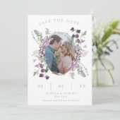 Lilac Wildblumen Oval Frame Wedding Foto Save The Date (Stehend Vorderseite)