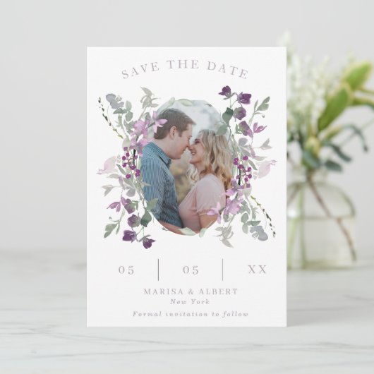 Lilac Wildblumen Oval Frame Wedding Foto Save The Date (Stehend Vorderseite)