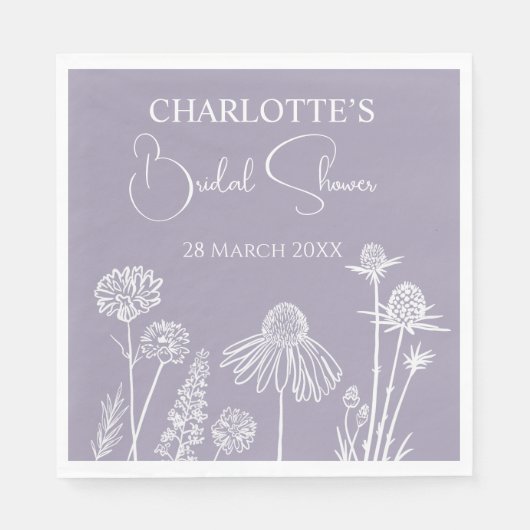 Lilac Wildblumen Sketched Floral Brautparty Serviette (Vorderseite)