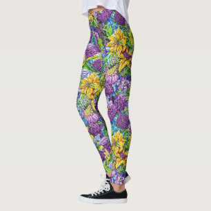 Lilac Yellow Green Garden Blume Muster Leggings