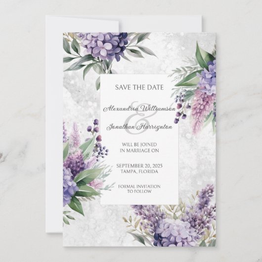 Lilacs and Heather on Marbled White Save the Date (Vorderseite)