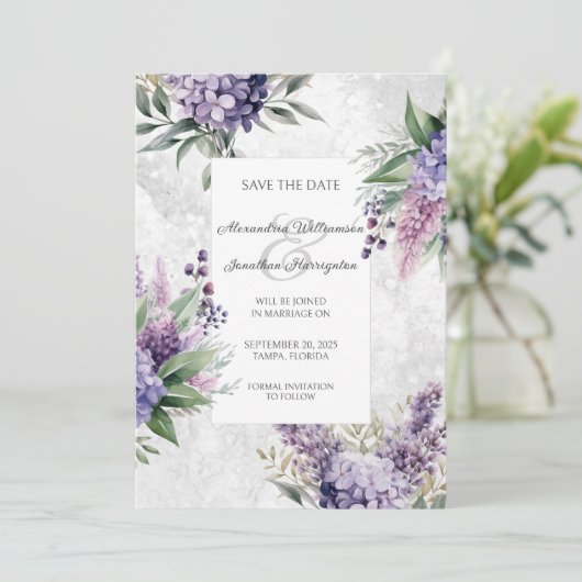 Lilacs and Heather on Marbled White Save the Date (Stehend Vorderseite)