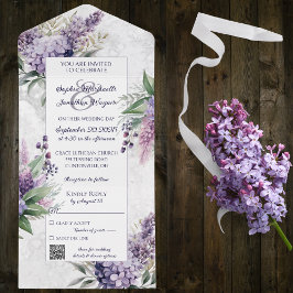 Lilacs and Heather on Marbled White with QR Code All In One Einladung