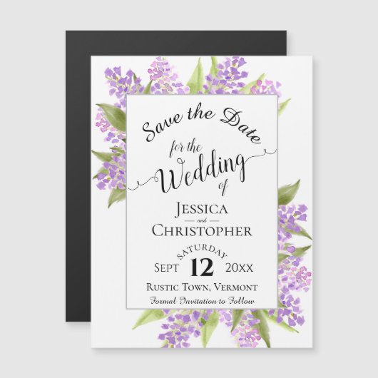 Lilacs & Calligraphy White Wedding Speichern Sie d Magneteinladung (Vorne/Hinten)