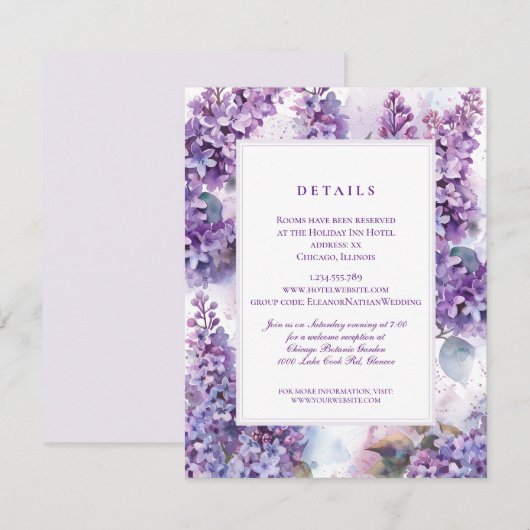 Lilacs Frame Spring Summer Wedding Details Begleitkarte (Vorne/Hinten)