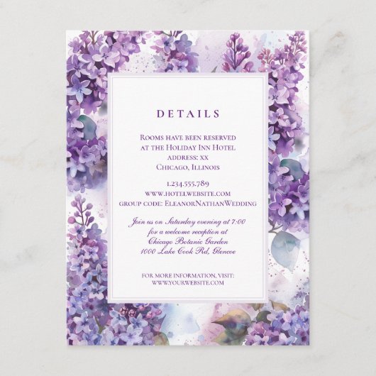 Lilacs Frame Spring Summer Wedding Details Begleitkarte (Vorderseite)