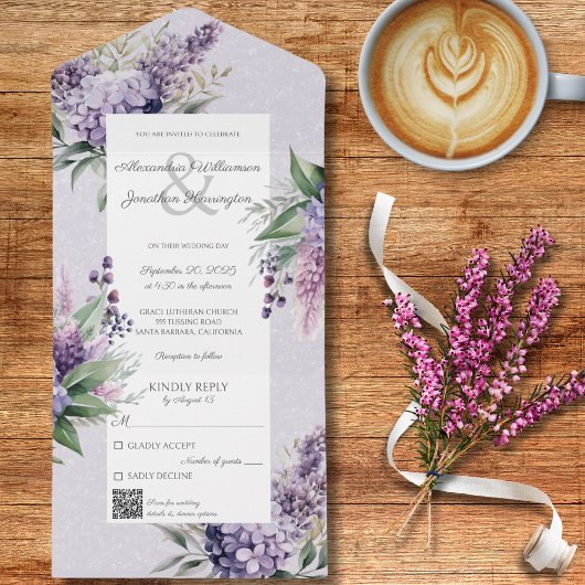 Lilacs & Heather on Lavender mit QR-Code All In One Einladung