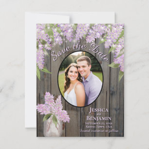 Lilacs & Lights on Barn Wood Lila Wedding Save The Date
