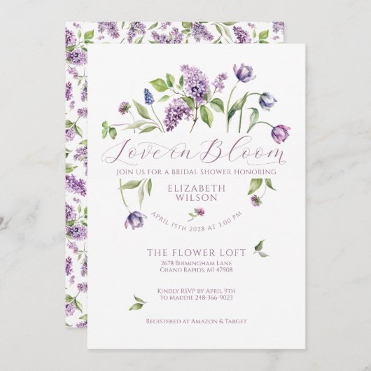 Lilacs & Spring Flowers Brautdusche Einladung (Vorne/Hinten)