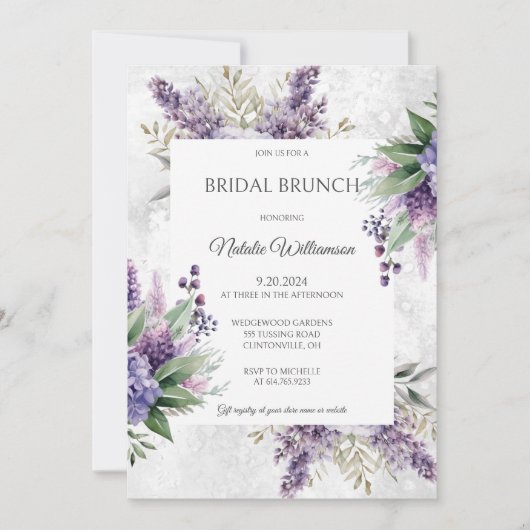 Lilacs und Heather auf Marbled White Bridal Brunch Einladung (Vorderseite)