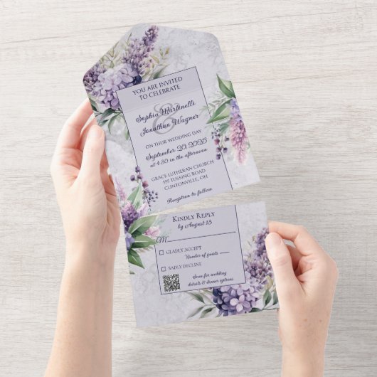 Lilacs und Heather on Lavender mit QR-Code All In One Einladung (Abreißen)