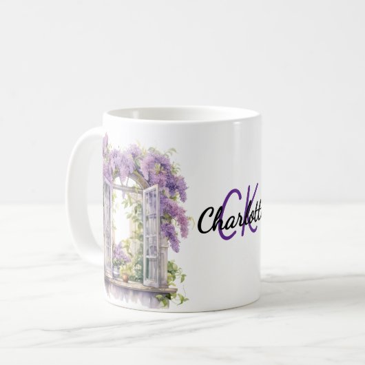 Lilacs Window Blume Lavendelmonogramm Kaffeetasse (Vorderseite Links)