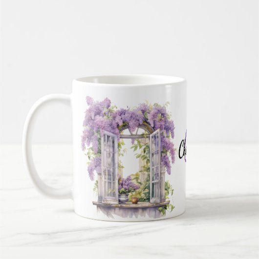 Lilacs Window Blume Lavendelmonogramm Kaffeetasse (Links)