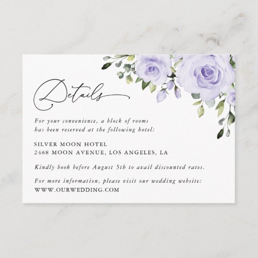 Lilafarben, Lilac-Blume, Angaben zur Hochzeit Begleitkarte (Vorderseite)