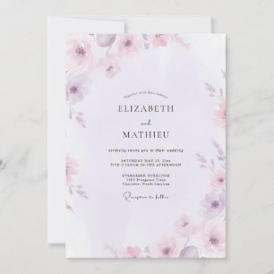 Lilafarbene Hochzeit mit gemalten Wildblumen Einladung